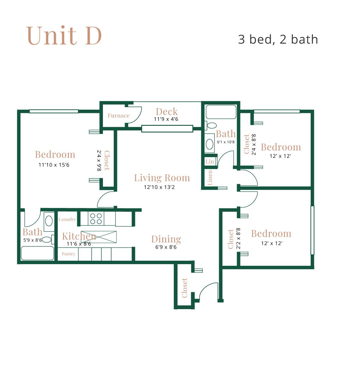 Unit D - 3 bed, 2 bath
